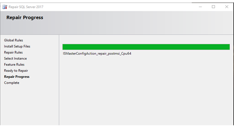 Ekran postępu operacji naprawy programu SQL Server
