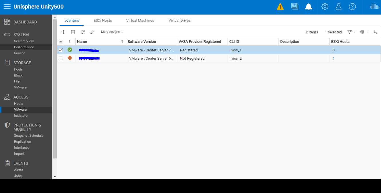 Interface utilisateur Unisphere Unity affichant les informations vCenters