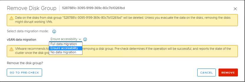 Opcje opróżniania danych podczas usuwania grupy dysków vSAN z hosta Esxi za pomocą vSphere