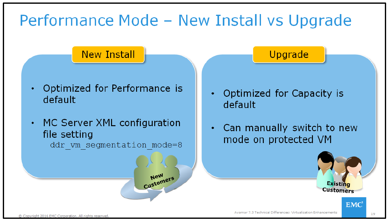 A captura de tela a seguir explica os dois valores possíveis (0 ou 8) e os estados de configuração se o Avamar Server for uma nova instalação em comparação com um servidor que recebeu upgrade.