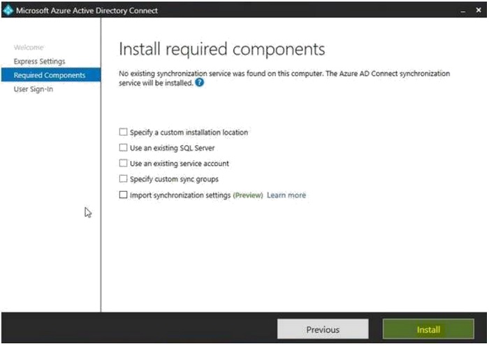 Installation of required components screen