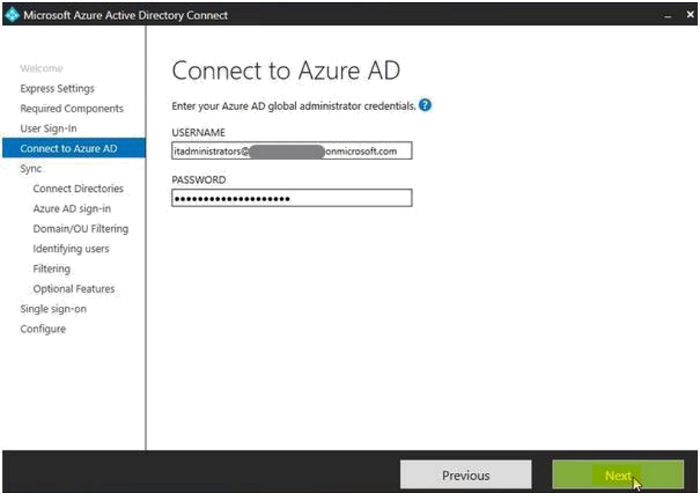 Credentials screen to connect to Azure AD