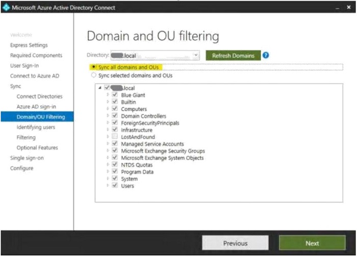 Domain and OU filtering screen