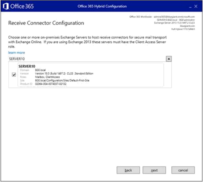 Receive Connector configuration screen