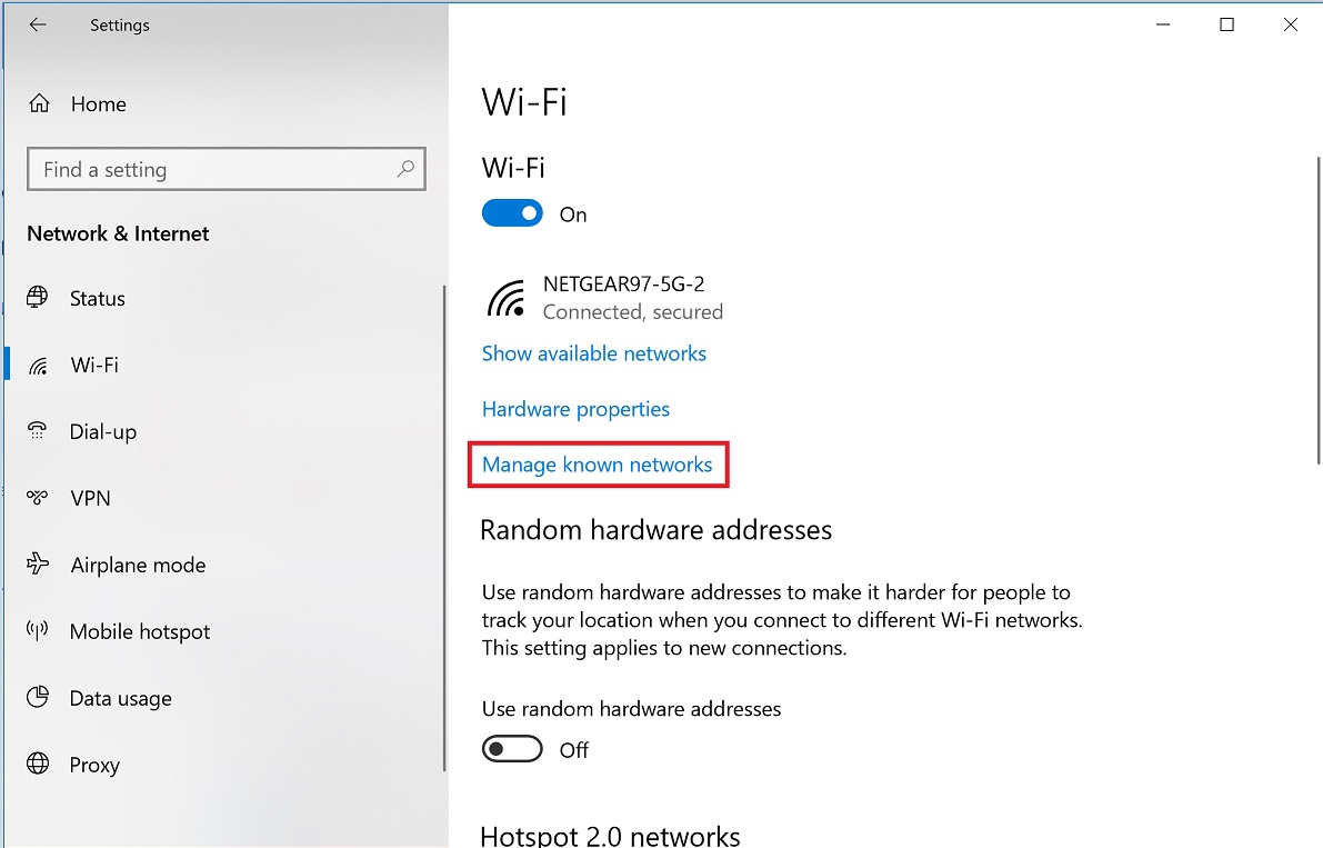 Image depicts the Manage Known Networks in Windows 10