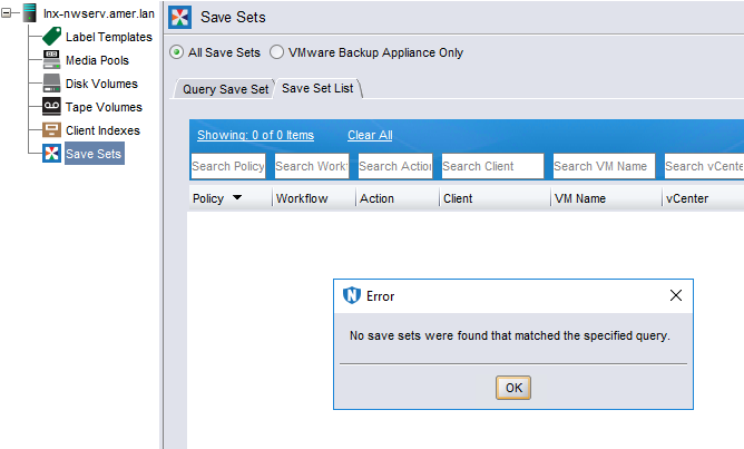 Screenshot of NMC save set search no results