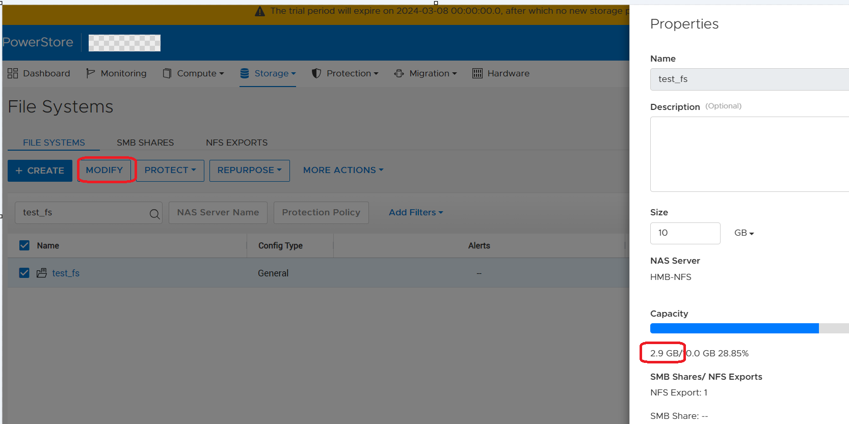 schermafbeelding van eigenschappen van het PowerStore GUI-bestandssysteem via Storage --> Bestandssystemen --> Wijzigen