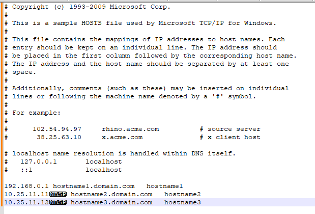 hosts file with non-printing characters