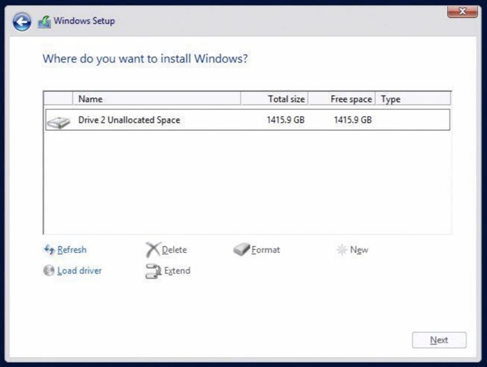 Configurazione del driver di Windows, posizione in cui installare Windows