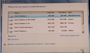 Installation de Windows - Sélectionner une partition