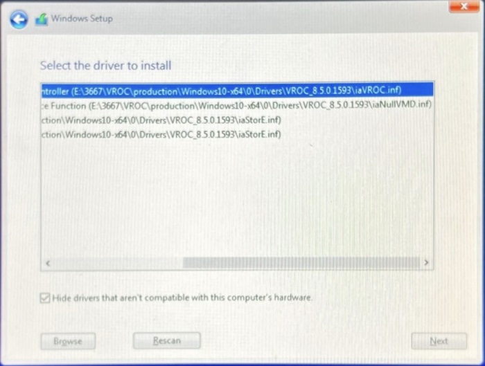 Configuración del controlador de Windows, selección de controladores