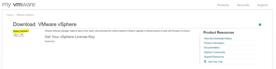 Version selection at VMware website