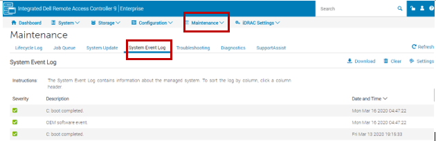 Hendelseslogg for iDRAC-system