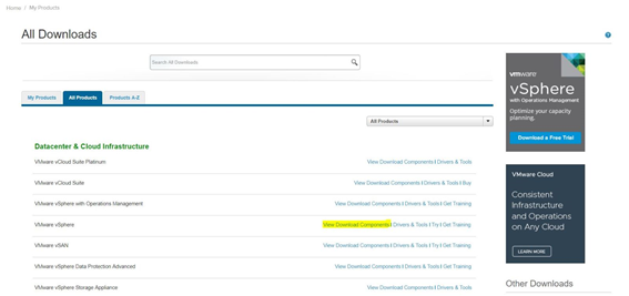 Página de descargas de vSphere en el sitio web de VMware