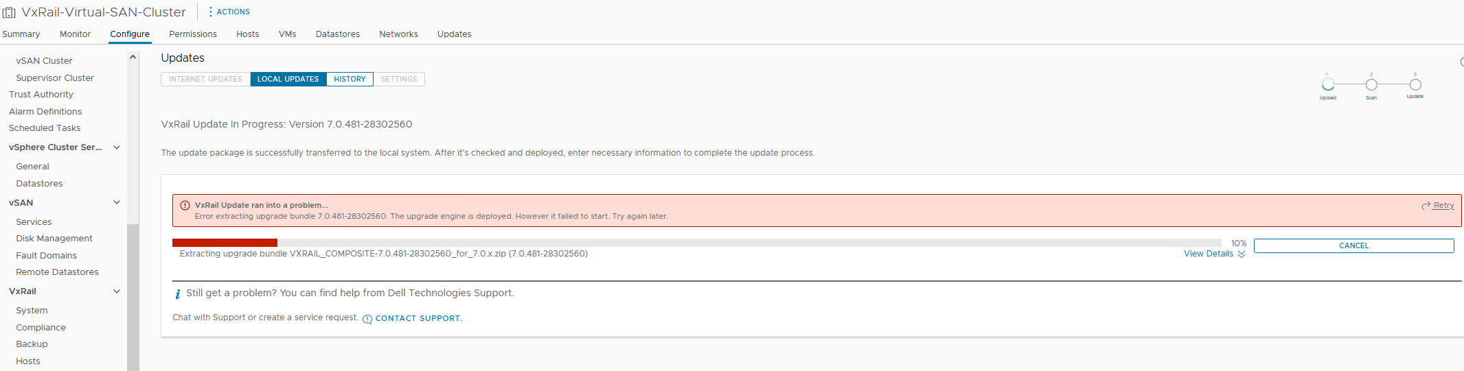 Dell VxRail VxRail Update ran into an issue. The upgrade engine has