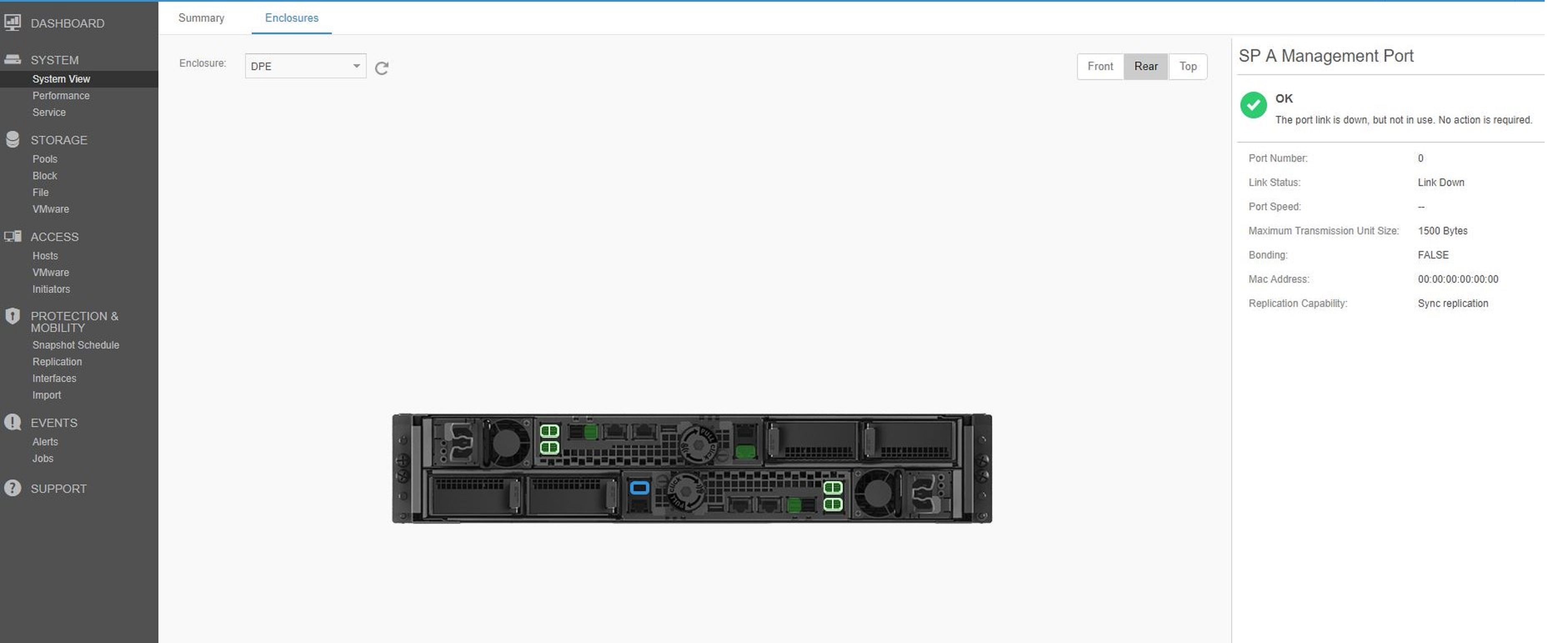 Interface utilisateur Unisphere indiquant que le SP A est le processeur de stockage secondaire et le message « La liaison du port est inactive »