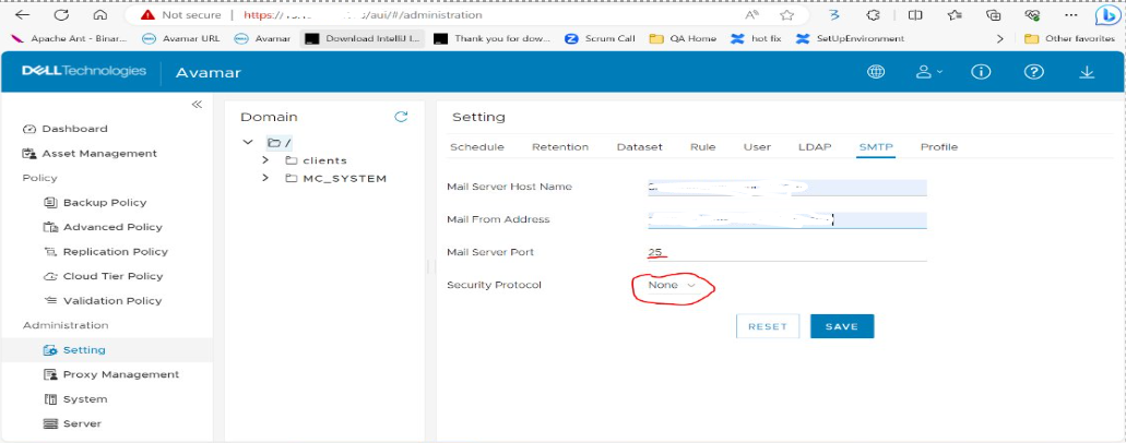 Avamar UI SMP settings showing Security Protocol currently selected as none