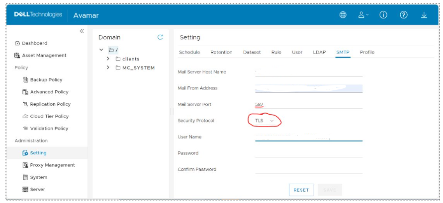 Avamar UI SMP settings showing Security Protocol currently selected as TLS
