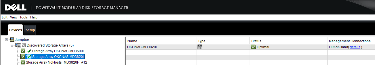 A imagem mostra a guia Modular Disk Storage Manager Devices com uma unidade de armazenamento selecionada que é Optimal.