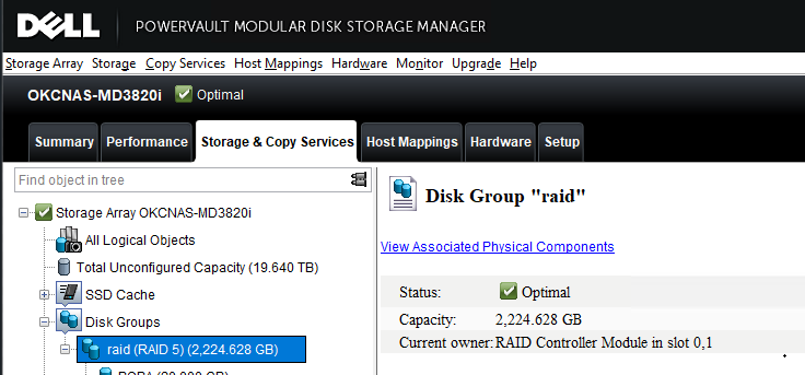 L’image montre la fenêtre Array Management de MDSM avec l’onglet Storage & Copy Services sélectionné, Disk Groups étendu et le groupe de disques RAID sélectionné