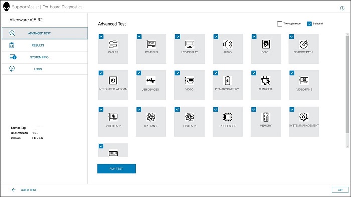 Alienware X15 SupportAssist 板载诊断程序的屏幕截图