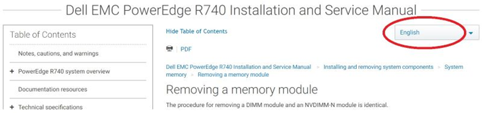 Example showing language selection in installation and support manual