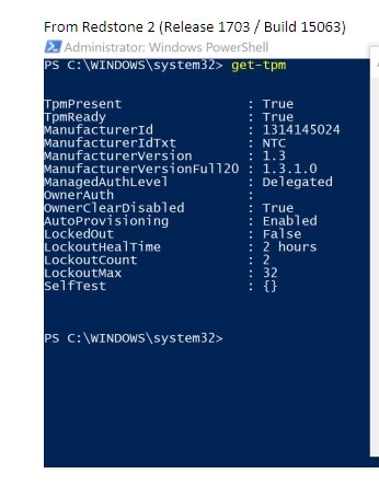 Comando get-tpm in Windows 10 1703 e versioni successive