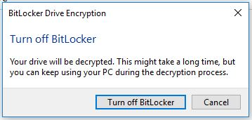 Confirm the decision to turn off BitLocker