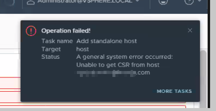 Immagine del messaggio di errore Unable to get CSR from host xxx.xxx.com