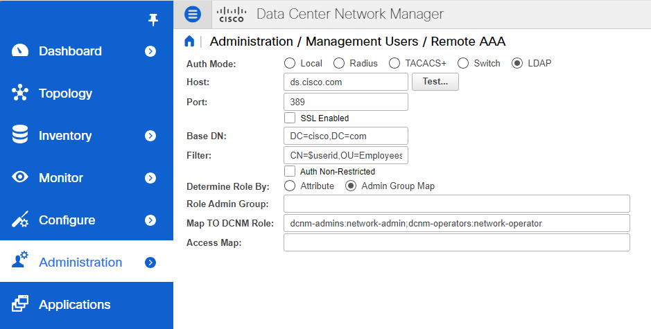 Знімок екрана з відображенням групи адміністратора ролі порожній, а Map To DCNM Role містить два записи
