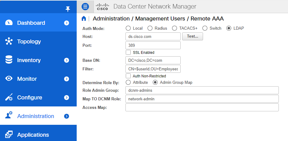 Captura de tela do mapeamento de dcnm-admins do grupo de usuários do Active Directory para a função network-admin