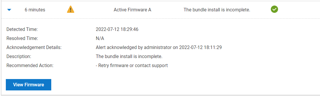 Billedet viser fejloplysninger om aktiv firmware