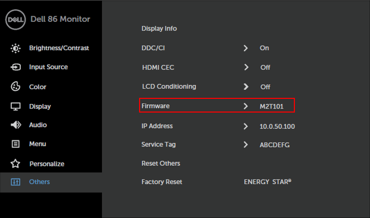 Dell C8621QT 모니터 터치 온 스크린 디스플레이 메뉴, 펌웨어 버전 정보