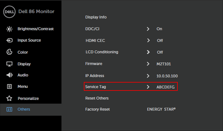 Dell C8621QT-skjerm Meny, service-ID for berøringsskjerm