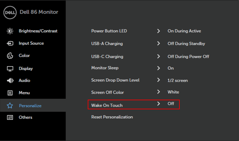 Dell C8621QT-skærm Touch On Screen Display-menu, Tilpas, Wake On Touch