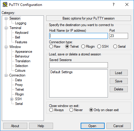 Saisissez l’adresse IP ou le nom de l’hôte du commutateur concerné et choisissez Telnet. 