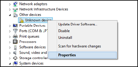 Windows Device Manager, Other Device, Unknown Device