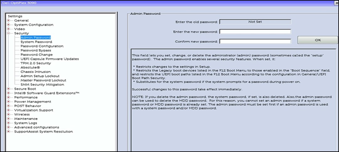 Exemplo do menu de segurança do BIOS do Dell OptiPlex 3090