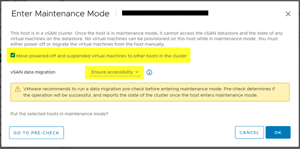 Maintenance Mode-Move powered-off and suspended virtual machine to other hosts in the cluster is checked