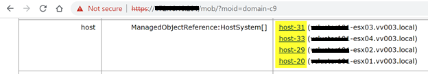 Die Managed Object ID (MOID) für jeden Host wird neben dem Host angezeigt