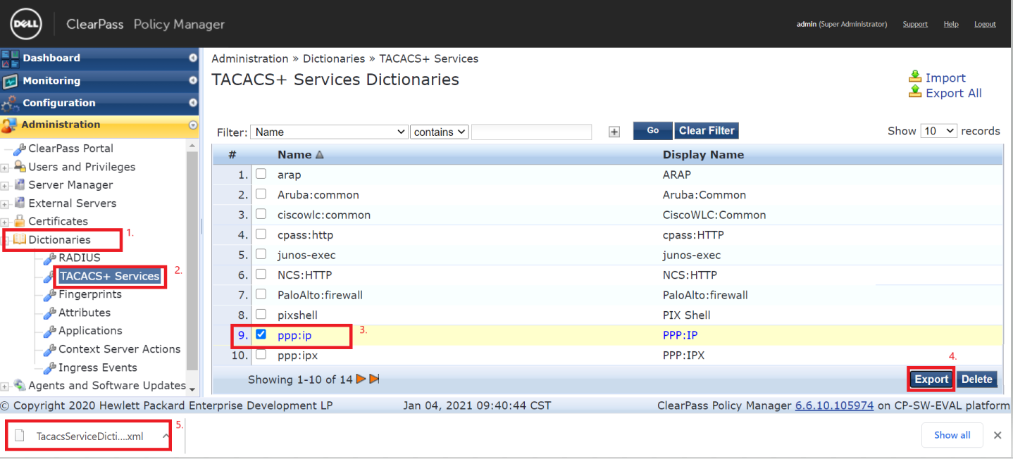 Clearpass policy manager export