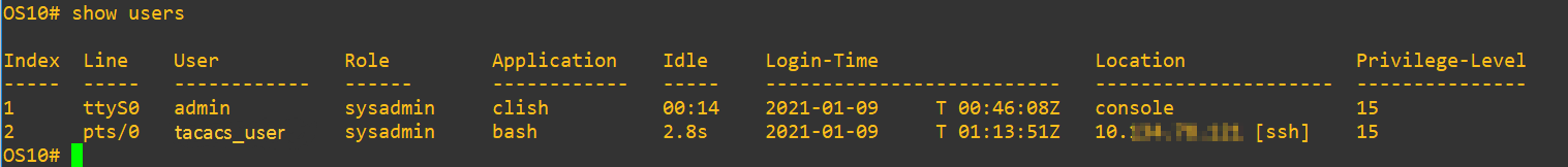 show users output showing logged in user tacacs_user