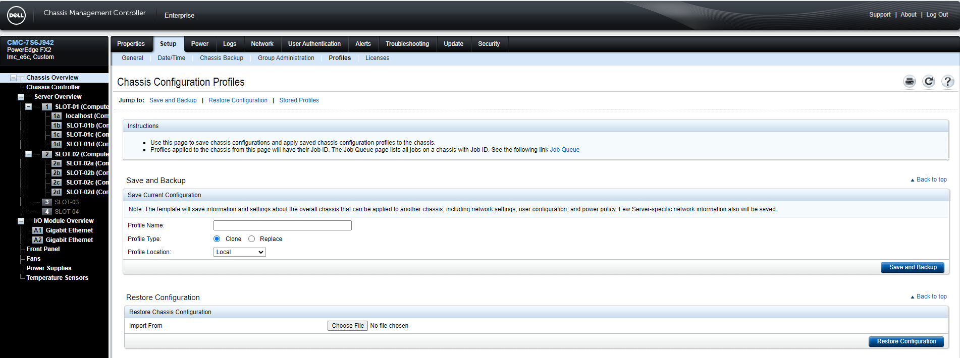 Chassis Setup Profile Page