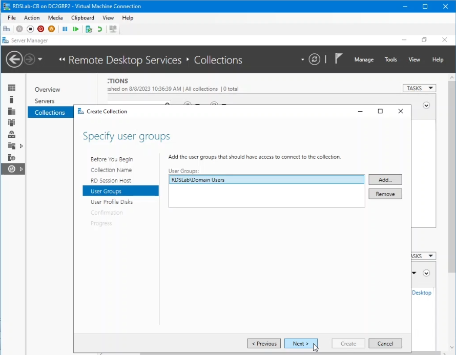 Specificare gli utenti Active Directory che avranno accesso alla raccolta e agli host delle sessioni.