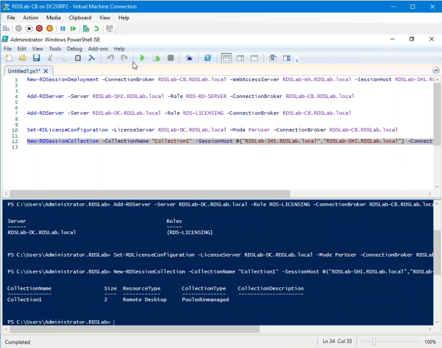 Le cinque righe necessarie per completare la distribuzione di Servizi Desktop remoto di questa esercitazione eseguita in PowerShell ISE.