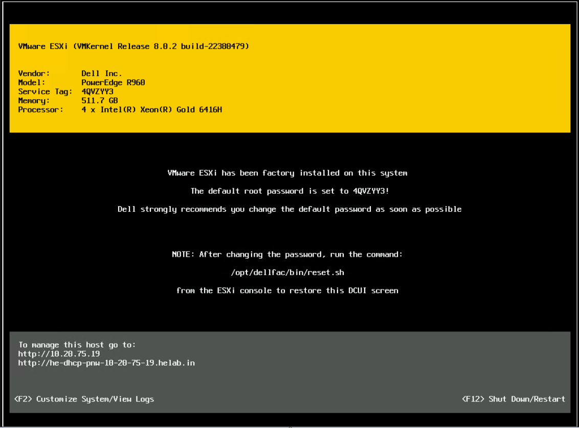 Exemple d’interface DCUI personnalisée du système Dell PowerEdge R960