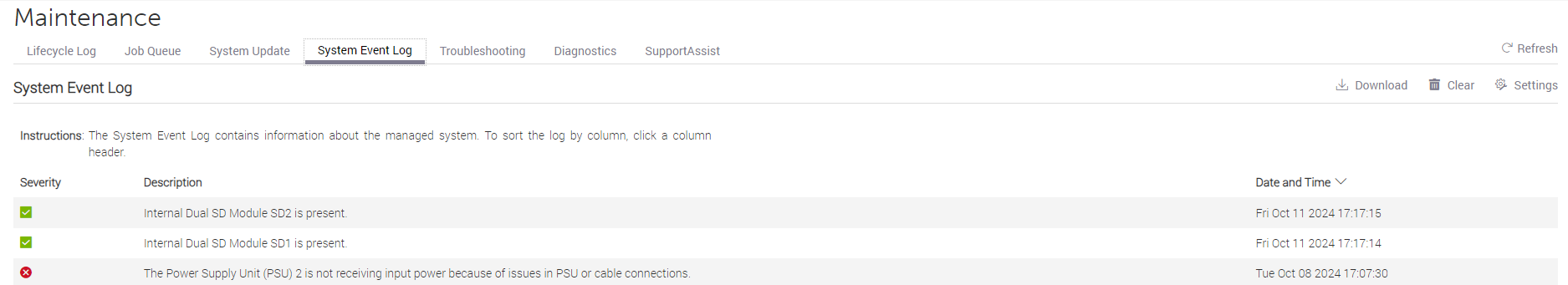 Skærmbillede af iDRAC, der viser afsnittet Systemhændelseslog