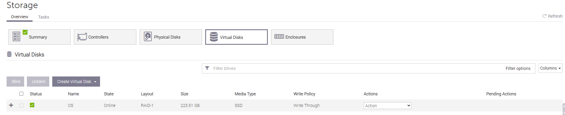 Skærmbillede fra de virtuelle lagerdiske, der viser, at den virtuelle disk er online
