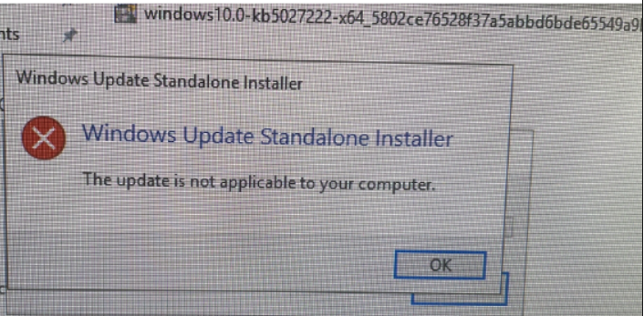 Windows 업데이트 실패 메시지 스크린샷