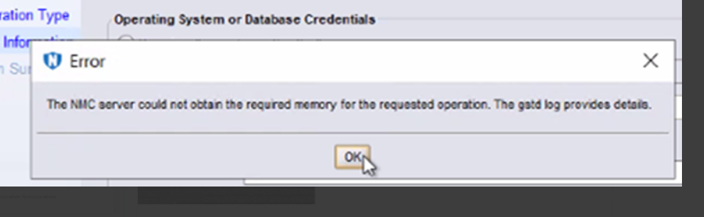 Error pop stating that the NMC server could not obtain the required memory for the requested operation